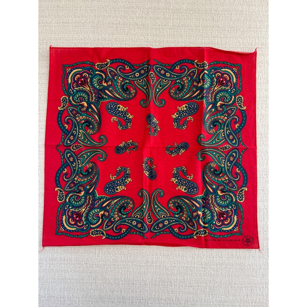 Vintage Bandana Red Multicolor Paisley Floral 21 x 22 in Cotton Made in USA